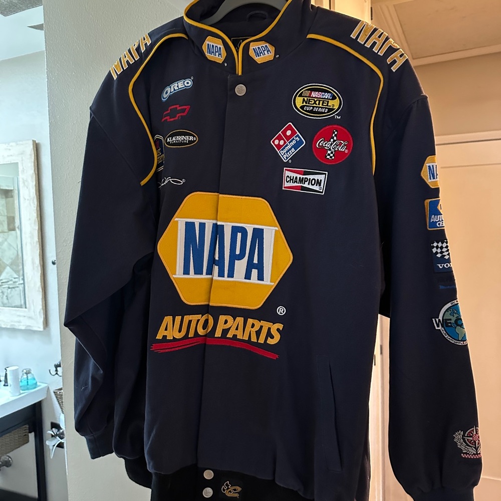Chase Authentics Blue Bomber Jacket with Racing Style and Colorful Patches